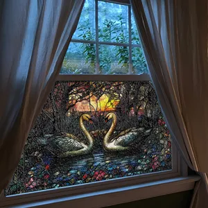 3D gemalte geprägte Buntglas-Fensterfolie mit Schwan-Sonnenuntergang-Design für die Deko.