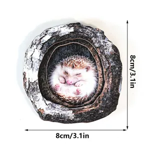 Wooden tree hollow hedgehog magnetic sticker detail view, showing product size and cute animal design.