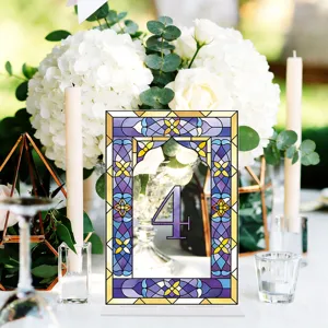 Acrylic wedding table number sign with stained glass style border, perfect for party decor.