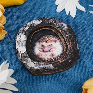 Wooden tree hole hedgehog fridge magnet decorative craft, cute animal design home decor.