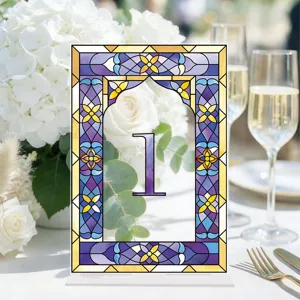 Stained glass style acrylic wedding table number 1 detail, elegant party table decor sign.
