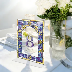 Acrylic wedding table number card with colorful mosaic border for elegant party decor number 8