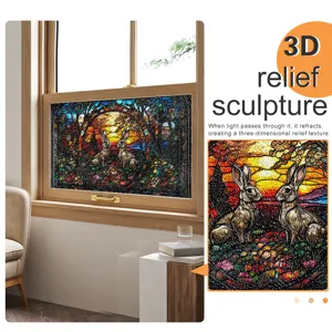 3D Buntglas Fensterfolie statische Haftung Kaninchen Relief Aufkleber Heim Dekor Glas