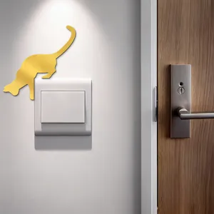 Acrylic mirror cat switch wall sticker for home decoration, funny feline silhouette detail shot.