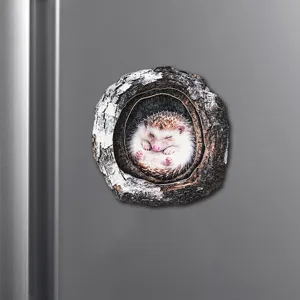 Close up view of the cute hedgehog tree hole magnetic sticker showing fine texture and details.