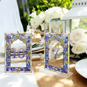 Acrylic table number 10 and 7 detail view, elegant stained glass style wedding table decor.