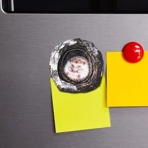 Cute hedgehog tree hollow fridge magnet for home kitchen decor, magnetic craft display detail.