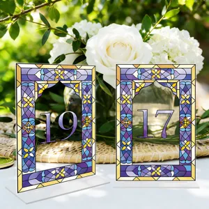 Acrylic table number sign with stained glass pattern for wedding reception party decor.