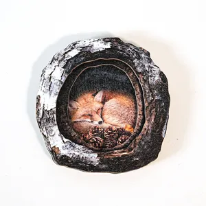 Wooden tree hollow sleeping fox decorative fridge magnet home craft ornament cute gift