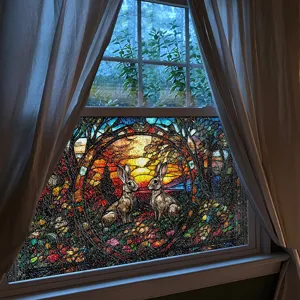 3D Geprägte Buntglas Fensterfolie Kaninchen Sonnenuntergang Statische Folie Detail