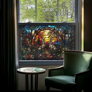 Nahaufnahme der 3D Glasfolie mit Hasen Motiv, statische Fensterfolie fuer Dekoration.