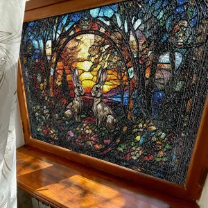 Statische Glasfolie mit 3D geprägtem Hasen-Wald-Motiv für stimmungsvolle Fensterdekoration.