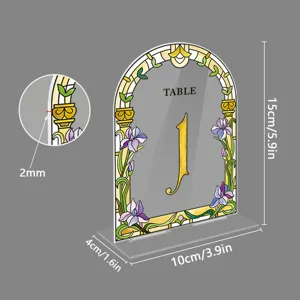 Acrylic arched table number sign with floral stained glass design, perfect for wedding decor and party tables.