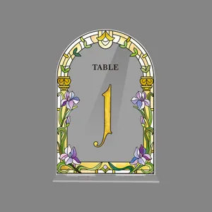 Acrylic arch table number sign with stained glass floral iris design for wedding decor.