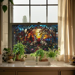 Detailaufnahme der Glasfolie mit farbigem Hasen Wald Motiv am Fenster bei Sonnenuntergang.