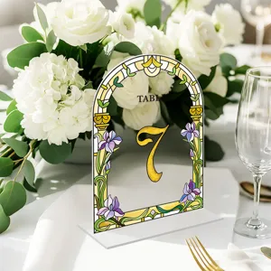 Acrylic wedding table number card with stained glass floral arch design, perfect for party decor.