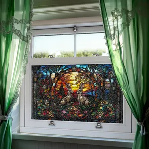 Detailansicht des 3D-Buntglas-Fensteraufklebers mit Hasen-Waldszene für schöne Dekoration.