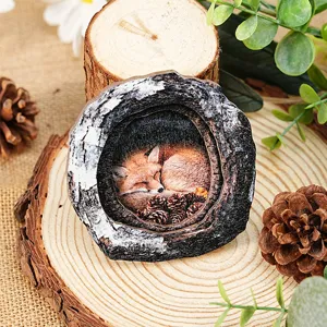 Wooden tree hole sleeping fox fridge magnet home decor craft detail view showcasing craft texture.