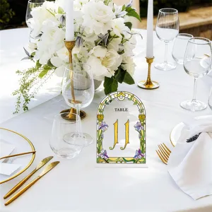 Acrylic arched table number sign with floral stained glass style design, perfect for wedding party decor.