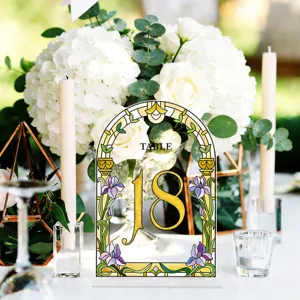 Acrylic wedding table number sign 18, art nouveau stained glass floral decor for party.