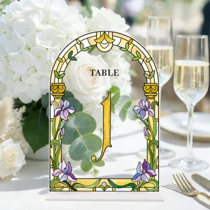 Acrylic arch table number sign with floral stained glass design for wedding party decor.