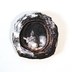 Wooden tree hollow sleeping donkey magnetic fridge sticker detail view, home decor craft.