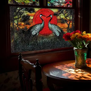 Detailansicht des Buntglas-Fensteraufklebers mit anmutigen Kranichen und rotem Sonnen-Motiv.
