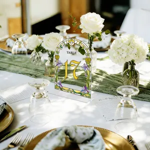 Acrylic wedding table number sign with stained glass floral design, perfect for party decor.