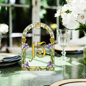 Acrylic arched table number sign with stained glass floral design for weddings party.