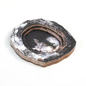 Detailed view of the wooden tree hole animal photo frame fridge magnet decor piece.