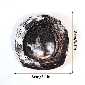 Detail view of a wooden tree hole magnetic sticker featuring a cute sleeping donkey design.