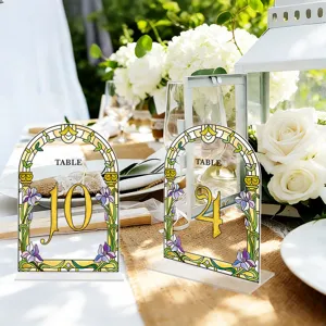 Stained glass style acrylic table number sign set, elegant arch floral wedding party decor.