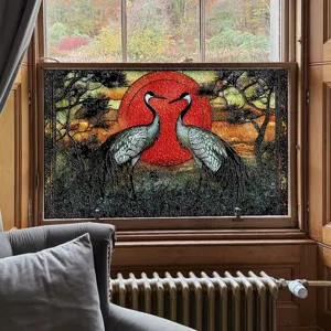 Dekorative Glasfolie für Fenster mit Kranich- und Sonnen-Motiv, statisch haftende Deko.