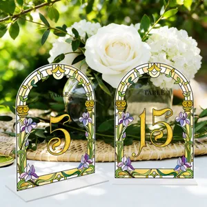 Stained glass style acrylic table number sign detail for wedding party decoration setup