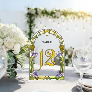 Acrylic arch table number card stained glass style iris wedding party table decor display