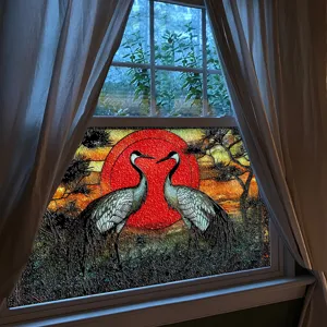 3D dekorative Fensterfolie Buntglas statische Haftfolie Kranich Sonnenaufgang Heimdekor Schutz