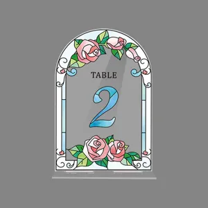 Acrylic arch table number sign with stained glass rose design for wedding party decor.