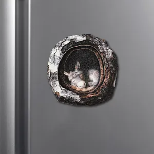 Detailed view of a cute wooden tree hole donkey refrigerator magnet, perfect home decor sticker.