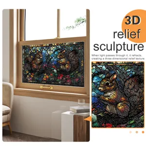 3D Buntglas Fensteraufkleber Eichhoernchen statische haftende Dekoration Folie neu