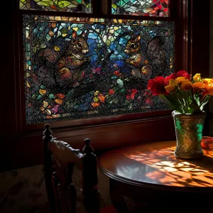 Detailansicht des Buntglas-Fensteraufklebers mit herbstlichen Eichhörnchen und Blättern.