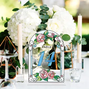 Acrylic wedding table number sign with floral stained glass design for party table decor 14