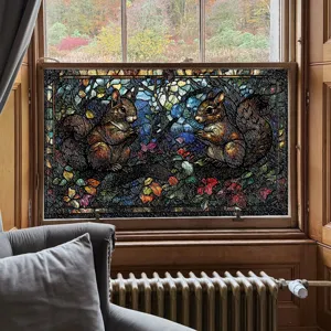 3D Buntglas Fensterfolie Dekorative Statische Fensteraufkleber Herbst Eichhörnchen Deko