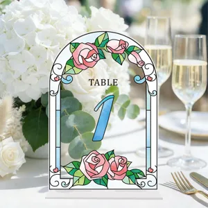 Stained glass style acrylic table number sign with rose floral design, perfect for wedding decor.