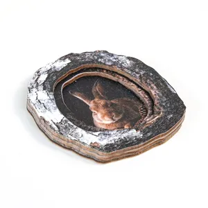 Wooden tree hole rabbit photo frame fridge magnet detail view, rustic animal home decor craft.