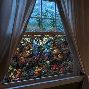 Nahaufnahme der dekorativen Buntglas-Fensterfolie mit süßem Eichhörnchen-Wald-Design.
