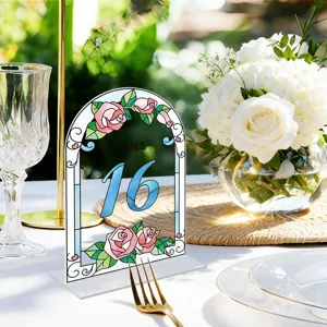 Acrylic table number sign with floral rose stained glass design for wedding party table decor