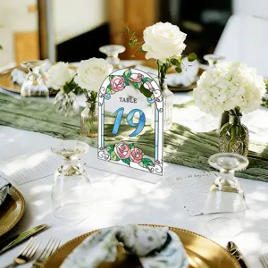 Acrylic table number sign with floral stained glass arch design, perfect for wedding party decor.