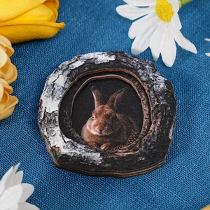 Wood tree hole rabbit magnetic sticker detail shot, lovely animal decor for home refrigerator.