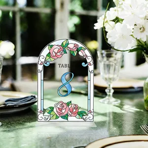 Acrylic wedding table number sign arched table decor party centerpiece with floral stained glass