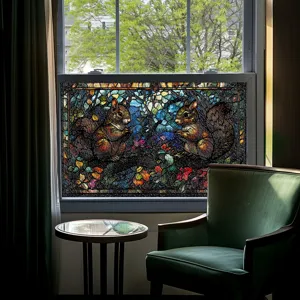 Buntglas Fensterfolie mit Eichhörnchen Wald Design, statische Deko Glasaufkleber.